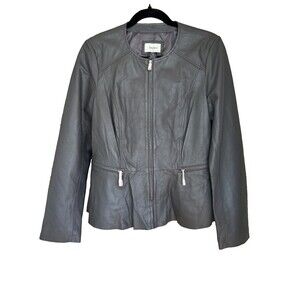 Neiman Marcus Women's Gray Soft Leather Silver Zip-Front Jacket Size M NEW
